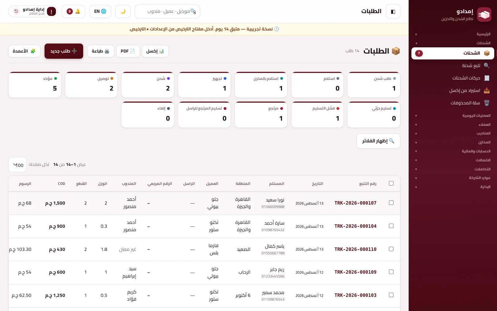 قائمة الشحنات بحالاتها